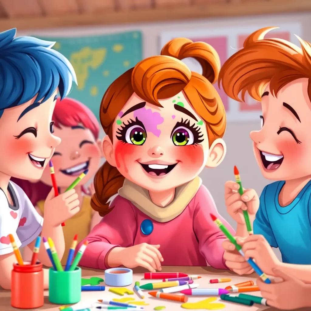 Madelyn painting her eyes with friends, everyone laughing and sharing colors, art supplies scattered around them, colorful and fun atmosphere, child-friendly, vivid colors