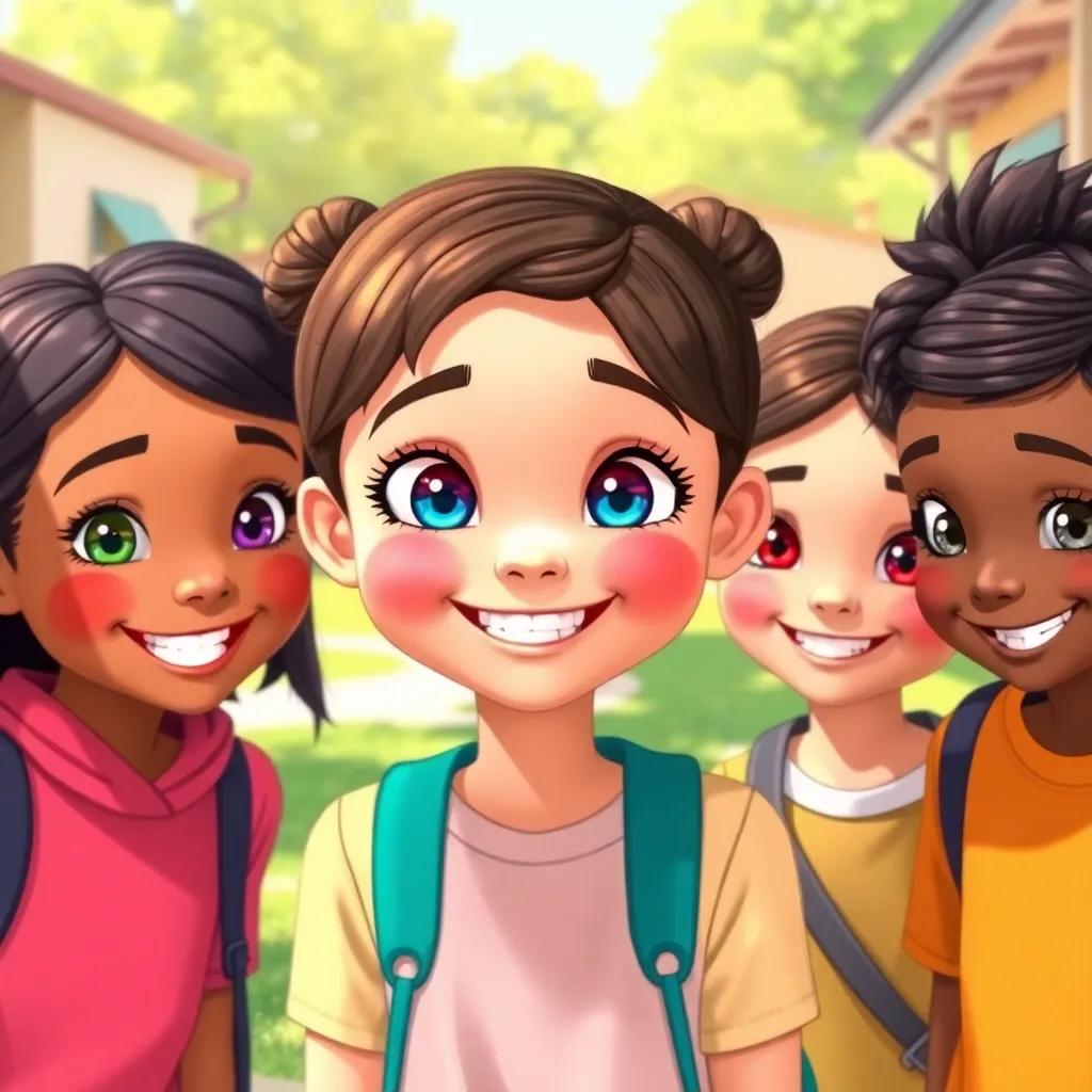 Madelyn smiling with her friends, all showing their colorful painted eyes, a sense of joy and acceptance, sunny schoolyard background, cheerful and vibrant, high quality