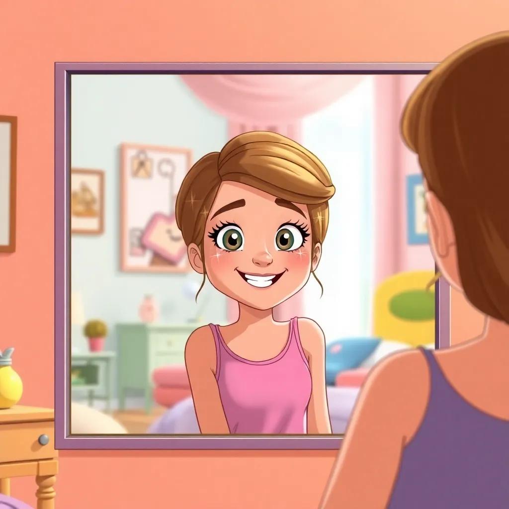 Madelyn looking in the mirror with sparkling eyes, radiant smile showing self-acceptance, bedroom decorated with colorful walls, a bright and happy setting, illustration, warm tones, inviting view