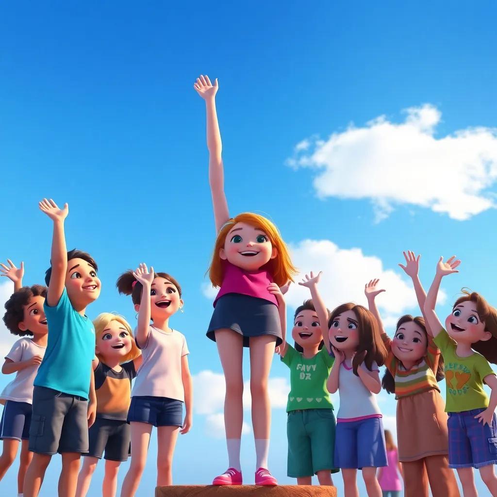 Madelyn standing tall with a group of friends, all cheering around her, a sense of friendship and unity under a blue sky, joyful atmosphere, colorful, heartwarming scene