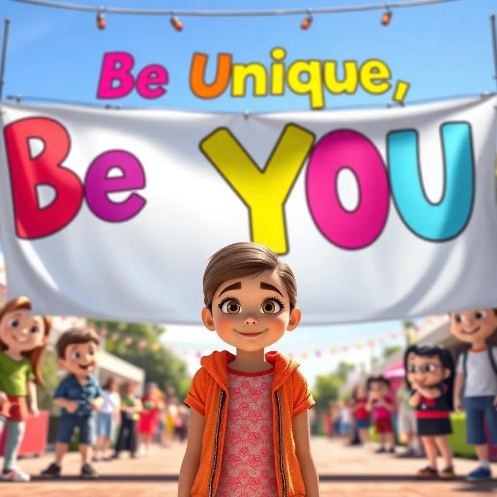 Madelyn looking proud, her eyes shining brightly, standing in front of a colorful banner that says 'Be Unique, Be You', sunny day outside with smiles all around, inspiring scene, vibrant, uplifting