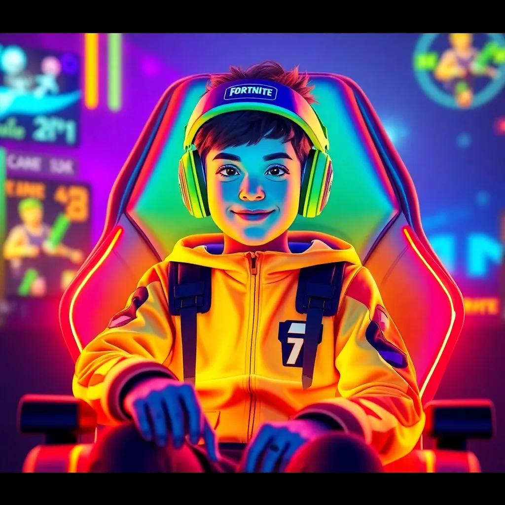 A boy named Maged, 7 years old, wearing a bright Fortnite skin, sitting in a gaming chair with glowing screen around him, digital art, colorful and exciting, immersive gameplay atmosphere, high quality