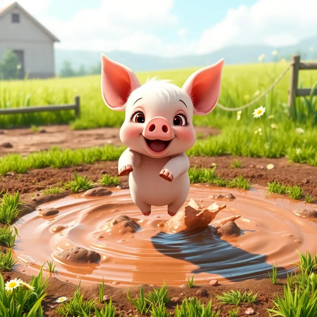 Maggie, a playful piglet with a light pink body and curly tail, jumping in a big muddy puddle on a sunny farm, surrounded by green grass and wildflowers, digital art, bright colors, cheerful atmosphere, high quality