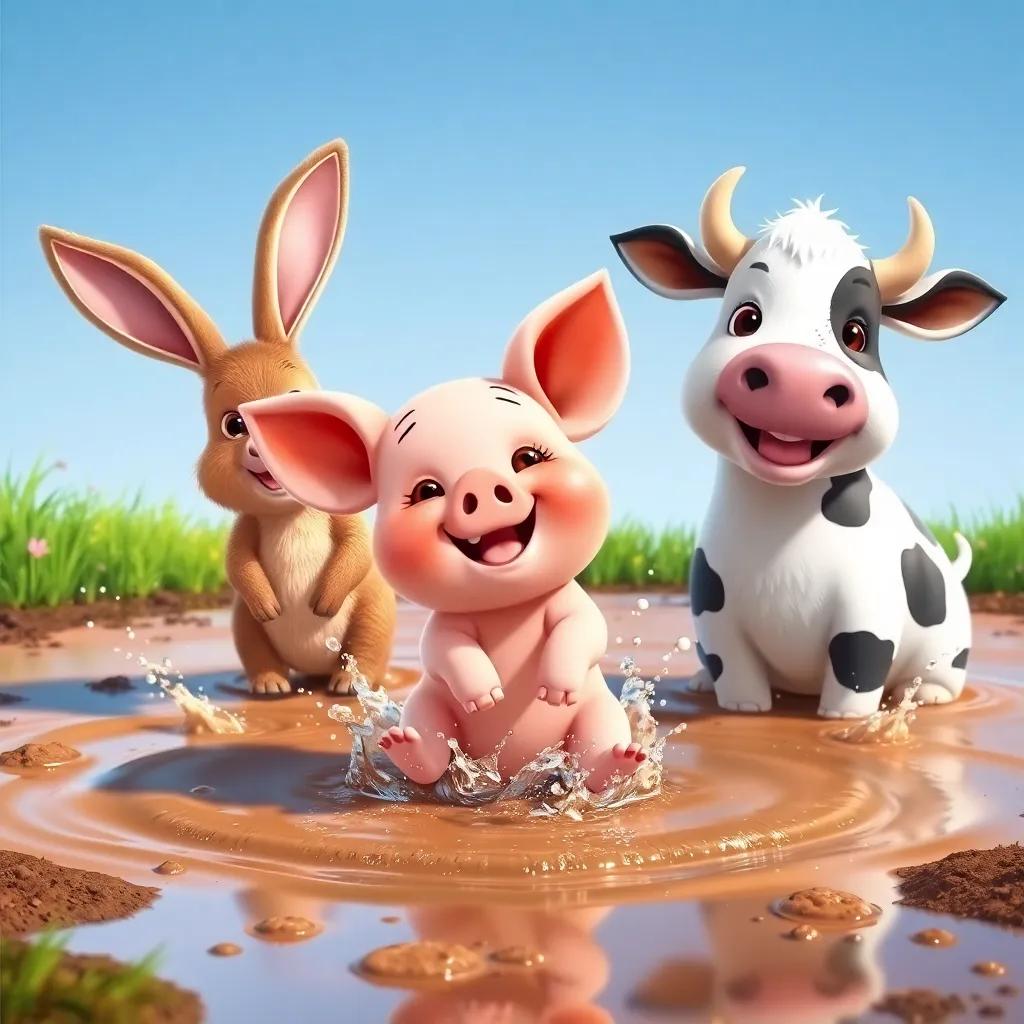 Maggie, a playful piglet with a light pink body, happily splashing in muddy water with her friends Benny the Bunny, a fluffy brown bunny, and Clara the Cow, a gentle cow with white and black spots, illustration, vibrant colors, joyful scene, high detail