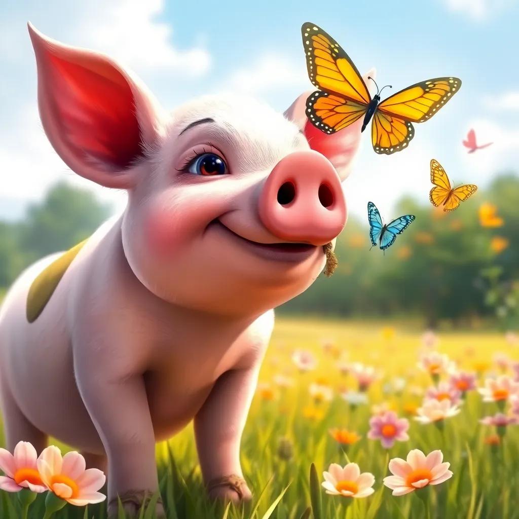 Maggie, a playful piglet with mud on her snout, watching colorful butterflies fluttering around in the sunny farm field, beautiful flowers in the background, digital painting, soft colors, serene perspective, high quality
