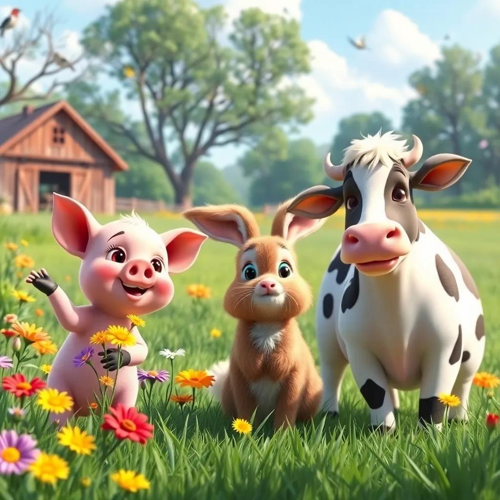 Maggie, a playful piglet with colorful wildflowers, Benny the Bunny, a fluffy brown bunny, and Clara the Cow, a gentle cow, exploring a farm with birds singing in the trees, bright light, cheerful colors, immersive view, high resolution