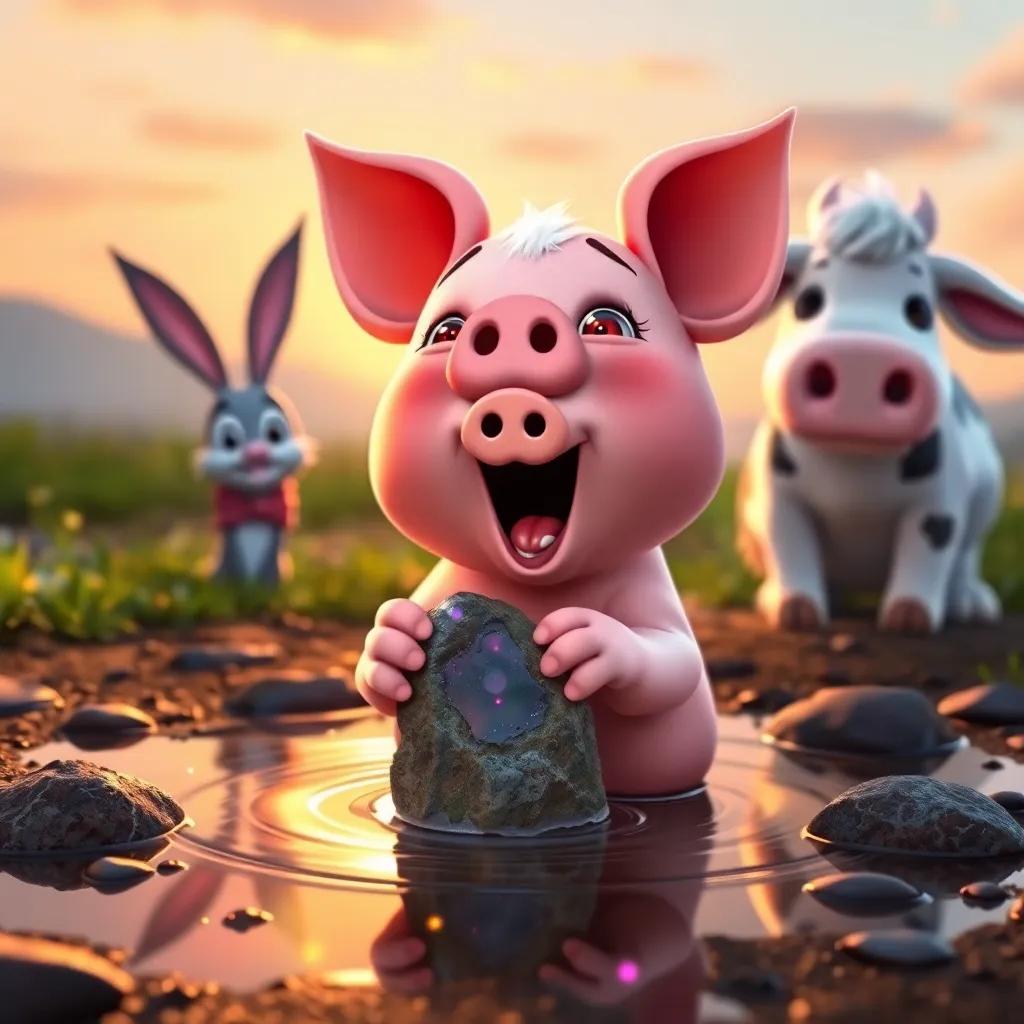 Maggie, a playful piglet with excited expression, holding a shiny rock in a puddle with her friends Benny the Bunny and Clara the Cow, colorful sparkles around them, warm sunset light, rich colors, happy mood, high quality
