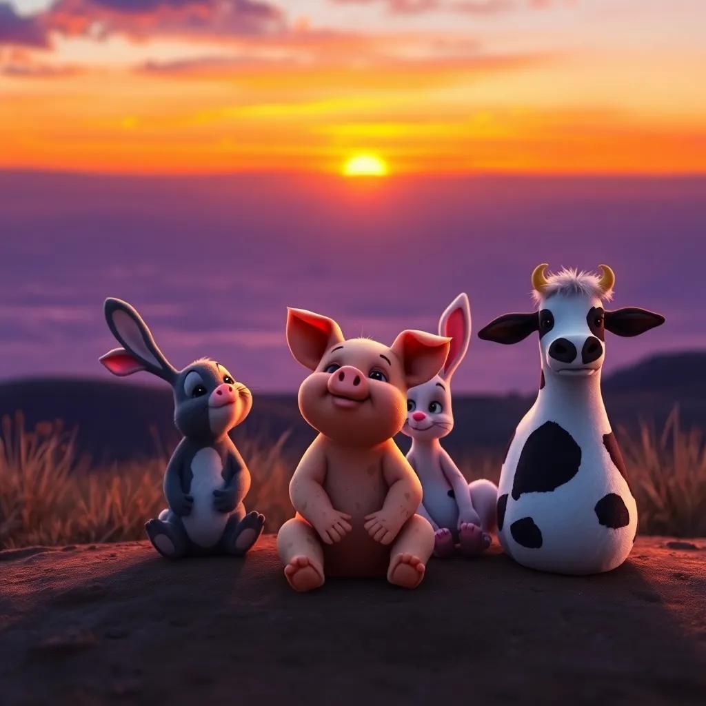 Maggie, a muddy piglet sitting contentedly with her friends Benny the Bunny and Clara the Cow, gazing at a breathtaking sunset sky full of purple and orange hues, peaceful atmosphere, warm light, delightful scene, high detail