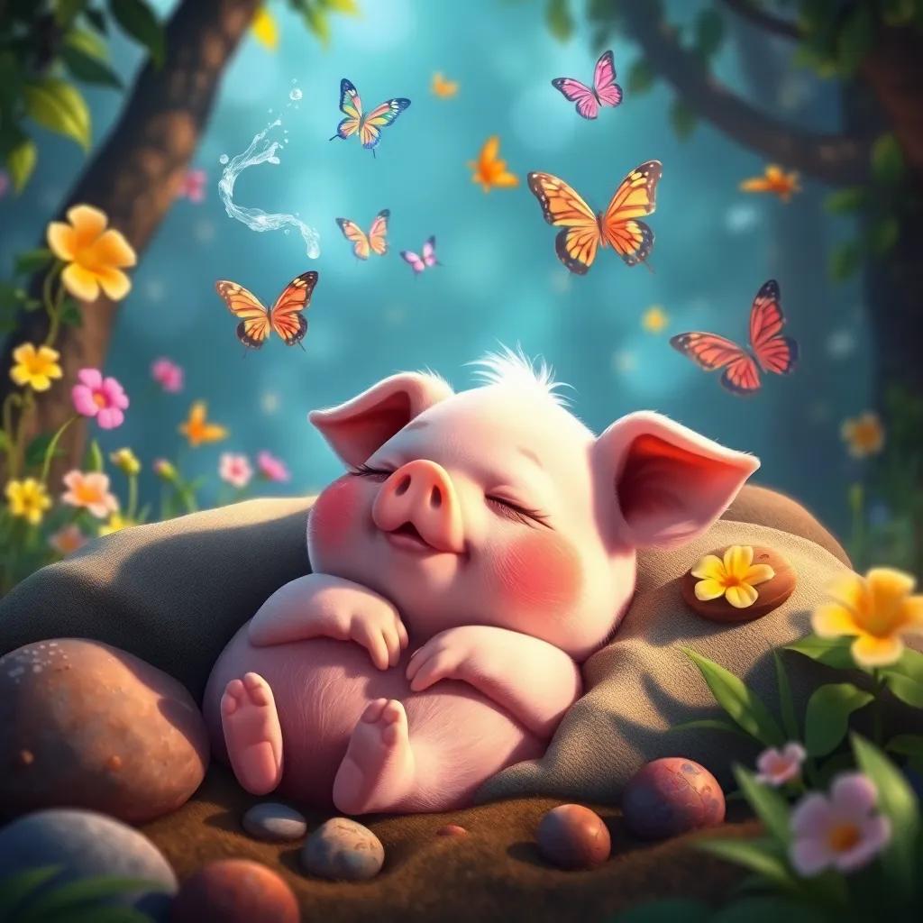 Maggie, a playful piglet in a deep sleep, imagining splashes, butterflies, and treasures with friends, a dreamy vision of nature surrounding her, enchanting atmosphere, vivid colors, cheerful mood, high detail