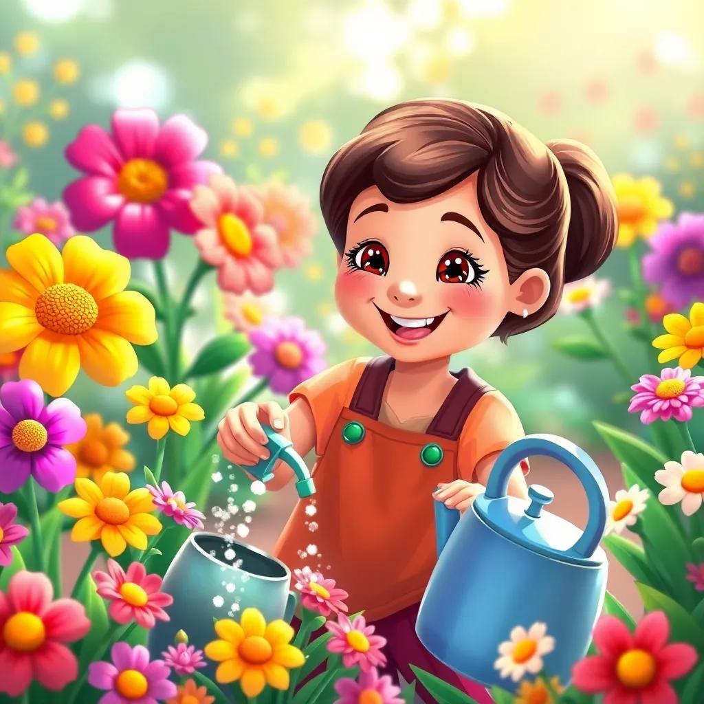 Maggie watering her garden with a cheerful smile, surrounded by colorful flowers blossoming in bold colors, shimmering like rainbows, illustration, bright and lively, enchanting scene, child-friendly