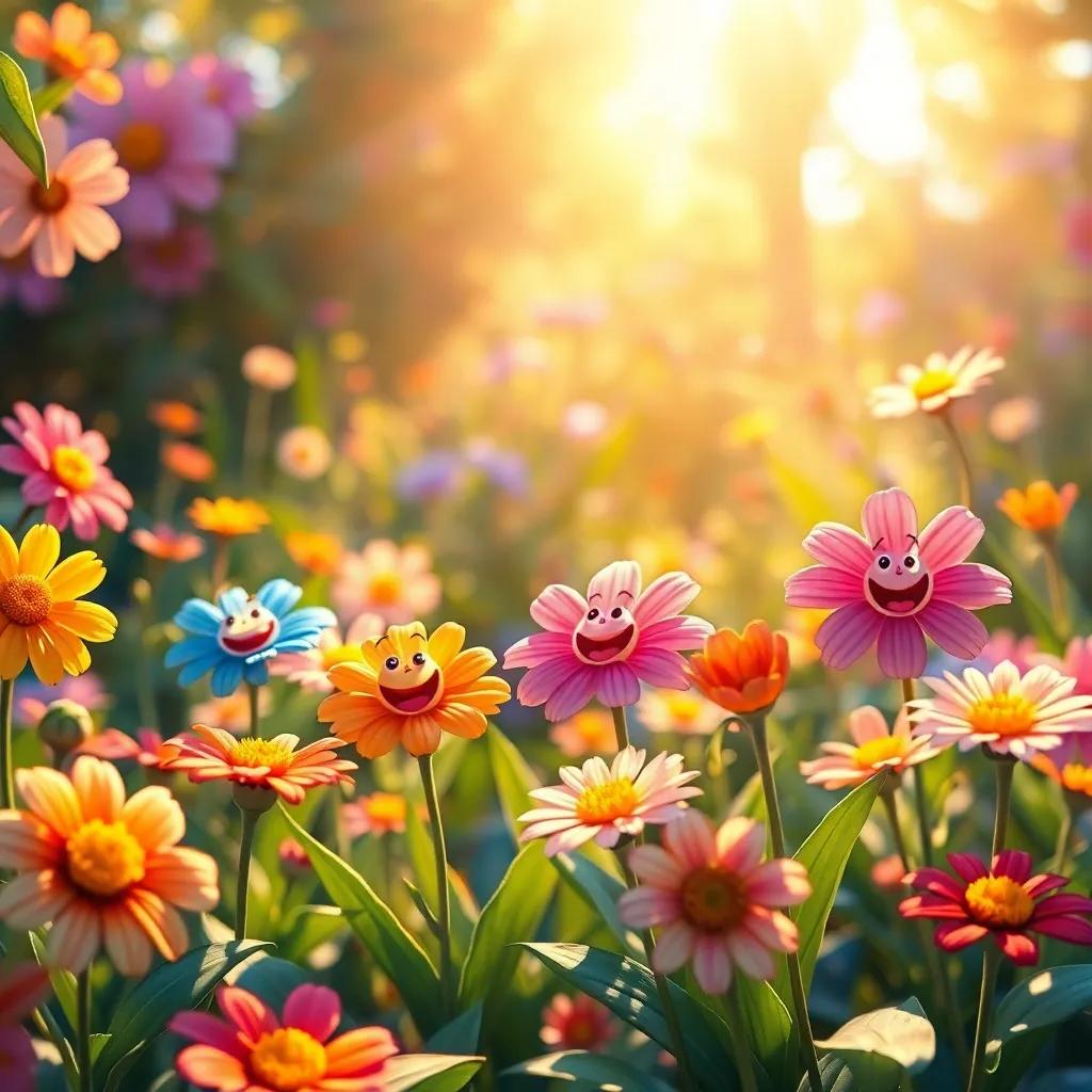 Flowers in Maggie's garden singing with musical notes dancing in the air, colorful petals spread wide with happy faces, warm sunlight filtering through, digital painting, magical, lively atmosphere, bright