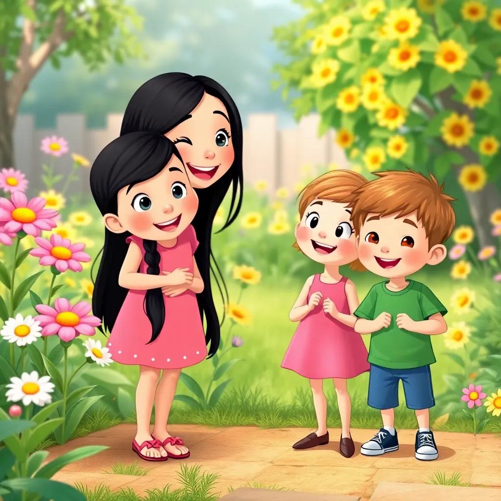 Maggie with her friends, Lily, a girl with long black hair in a pink dress, and Jack, a boy with short blonde hair wearing a green t-shirt, standing excitedly in the garden, illustration, joyful, inviting scene with singing flowers, happy