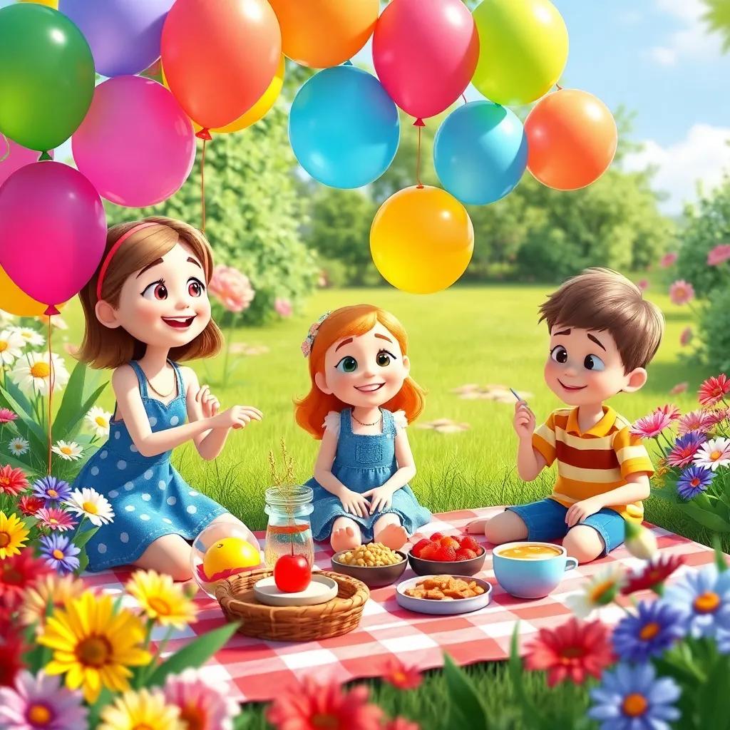 Maggie, Lily, and Jack preparing for the garden party, hanging colorful balloons and laying out snacks on a picnic blanket, surrounded by vibrant flowers, digital art, cheerful, festive mood, high quality
