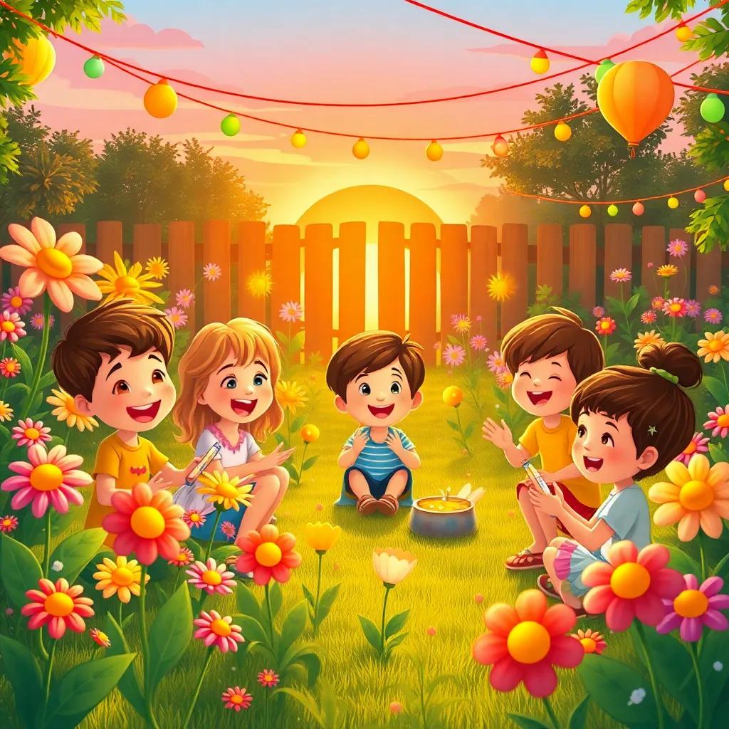 A lively garden party scene with children laughing and playing games among the singing flowers, with colorful decorations, warm light during sunset, illustration, fun, child-friendly atmosphere, vibrant