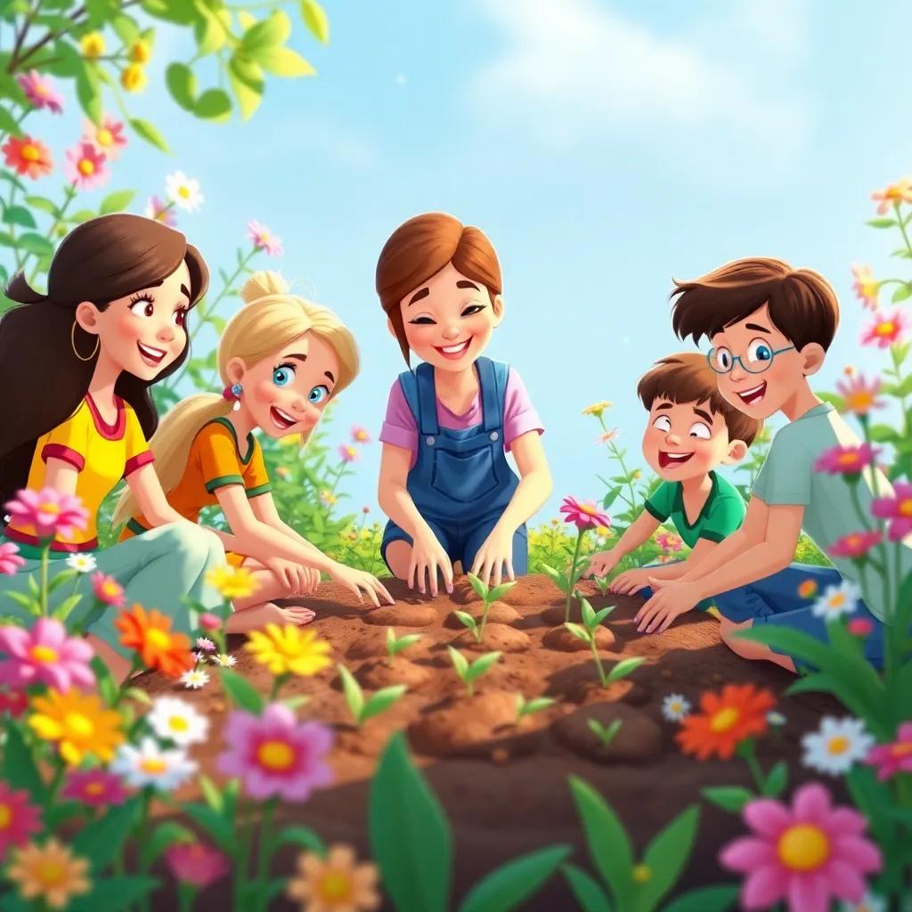 A group of friends in Maggie's magical garden, planting more seeds together with joy and teamwork, surrounded by blooming flowers, bright colors, illustration, cheerful, community spirit, child-friendly