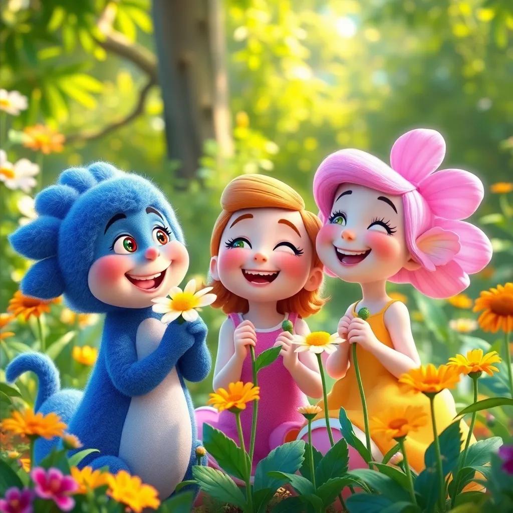 Maggie and her friends enjoying the singing flowers, celebrating their friendship, bright atmosphere, lush garden background, digital art, inviting, joyful, enduring