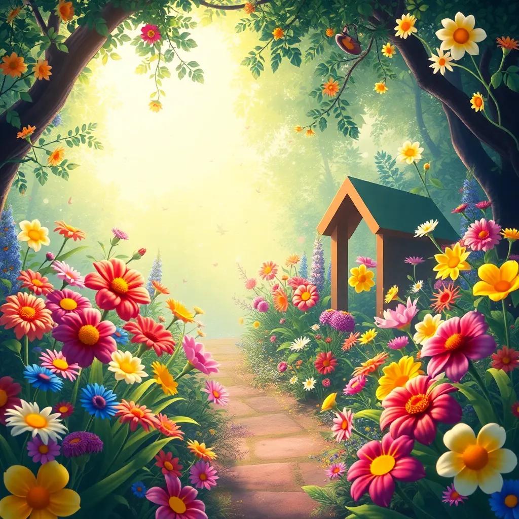 A beautiful scene of Maggie's magical garden, filled with colorful flowers, singing and glowing with laughter, digital painting, enchanting, wonderful, forever blooming