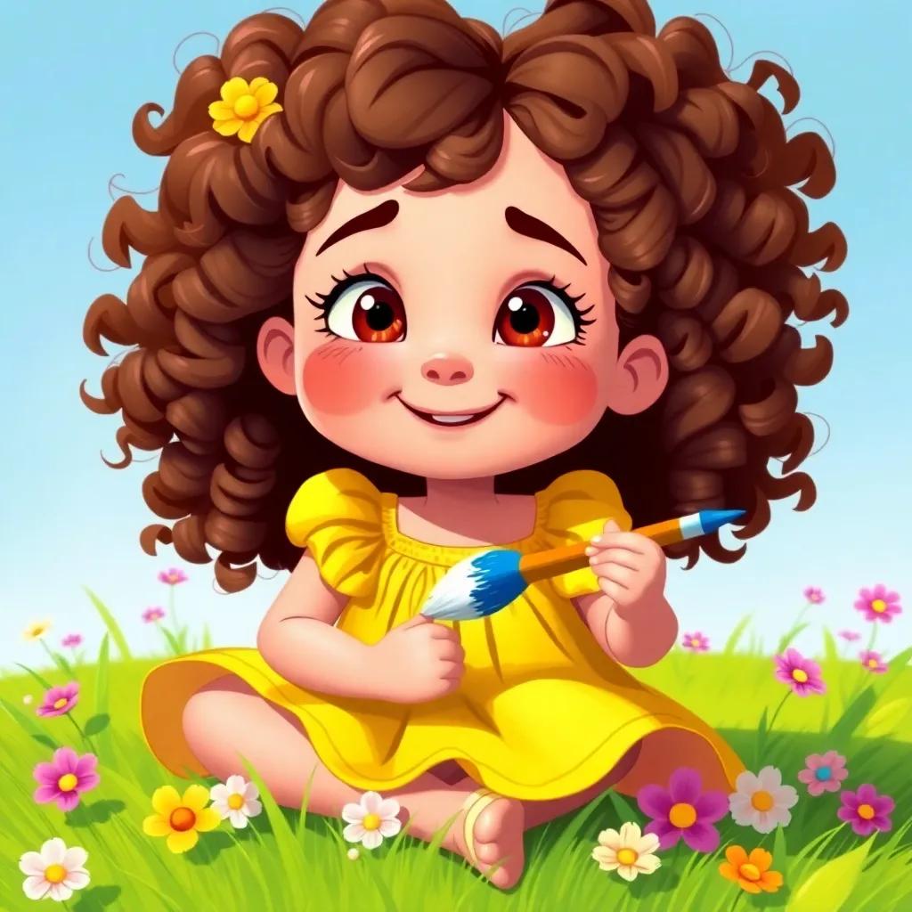 A young girl, Maggie, with curly brown hair, wearing a bright yellow dress, sitting on a green grass field with flowers around her, holding a magical paintbrush, digital art, cheerful, vibrant colors, sunny day, high quality
