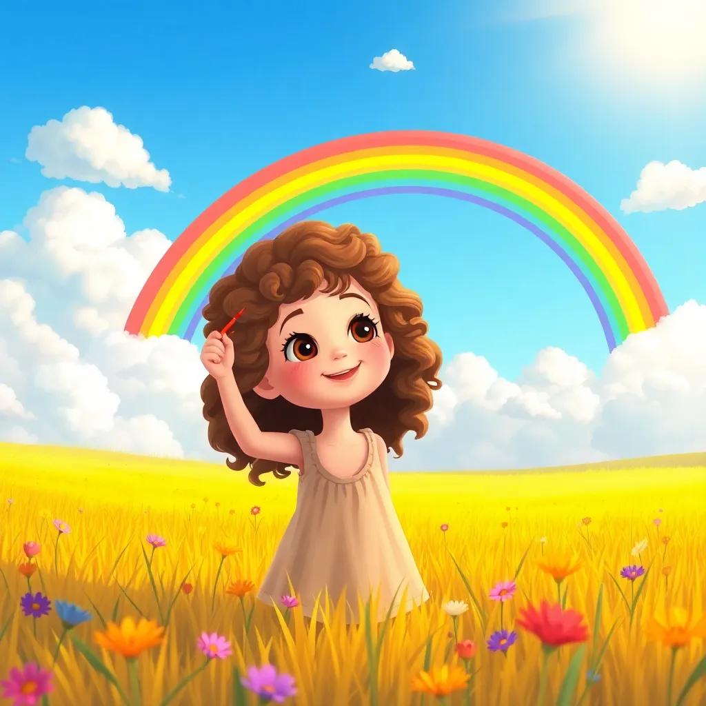 Maggie, a young girl with curly brown hair in a sunny field, painting a big and colorful rainbow in the sky, surrounded by fluffy clouds, vibrant colors, whimsical, child-friendly illustration, high quality