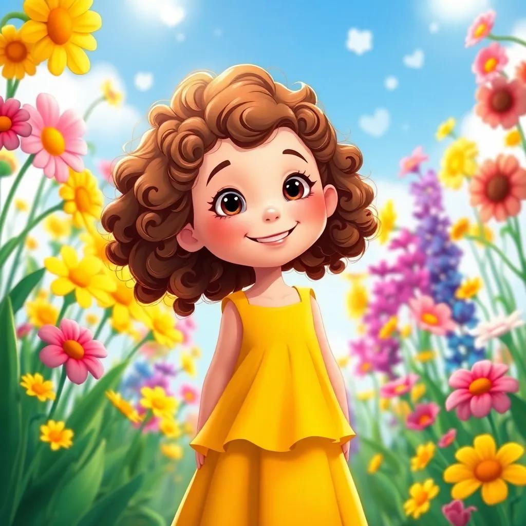Maggie, a young girl with curly brown hair and yellow dress, standing with a big smile as colorful flowers bloom around her, illustrated view of joy and magic, lively colors, storytelling vibe, high quality