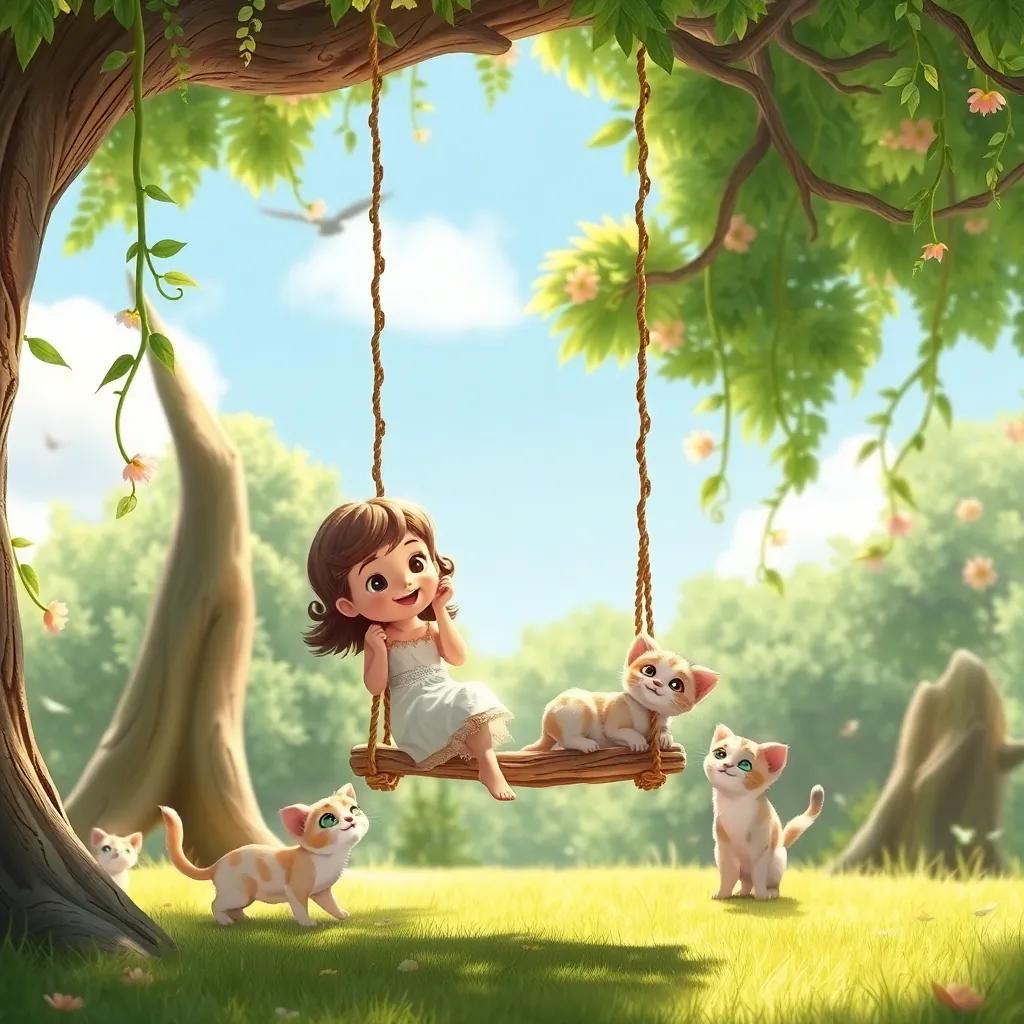 A whimsical scene showing Maggie on a swing hung from a big green tree, with soft flowing vines and playful kittens around, filled with bright sunlight and laughter, child-friendly, decorative art, high quality