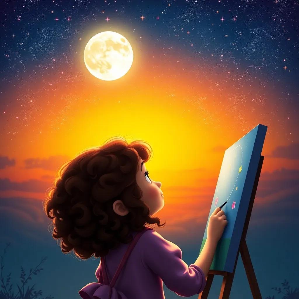 Maggie, a young girl with curly brown hair, painting the sunset sky with twinkling stars, a bright full moon shining down, magical atmosphere, dreamy scene, rich colors, high quality