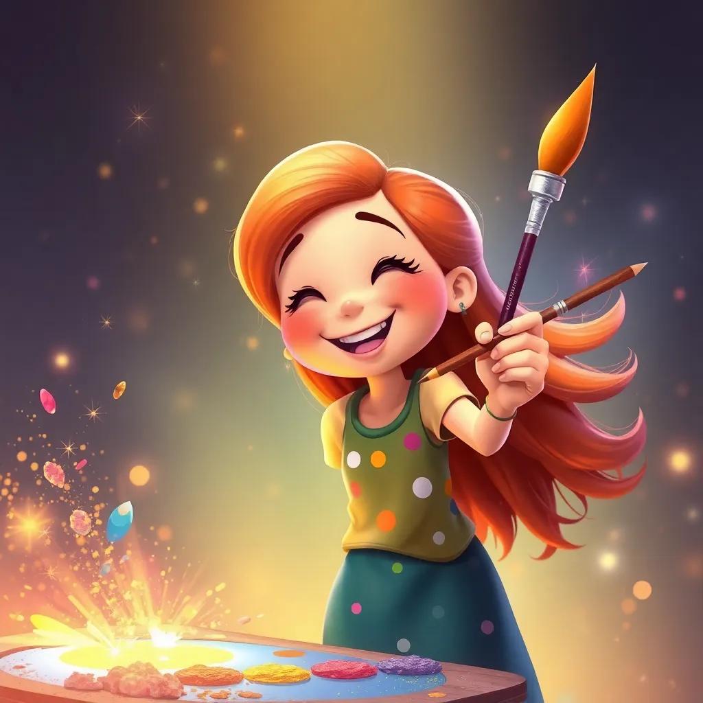 Maggie with her magical paintbrush, painting joyfully with sparks and colors dancing around her, capturing the essence of imagination and creativity, warm and inviting colors, playful digital art, high quality