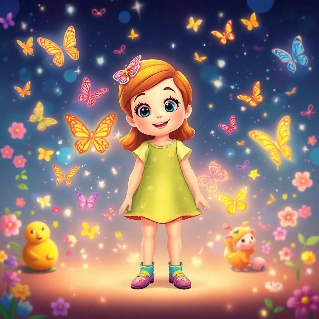 Maggie standing with sparkles around her as her painted dreams fly around her, including colorful butterflies and magical creatures, bright and vivid colors, cheerful, high quality