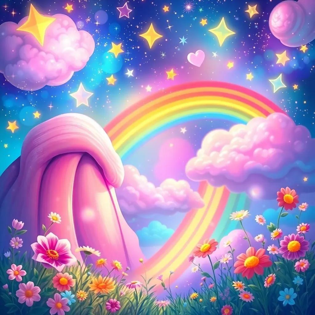A dreamy world that Maggie has painted, showcasing her imagination with bright stars, rainbows, and flowers, vibrant, filled with wonder and joy, high quality