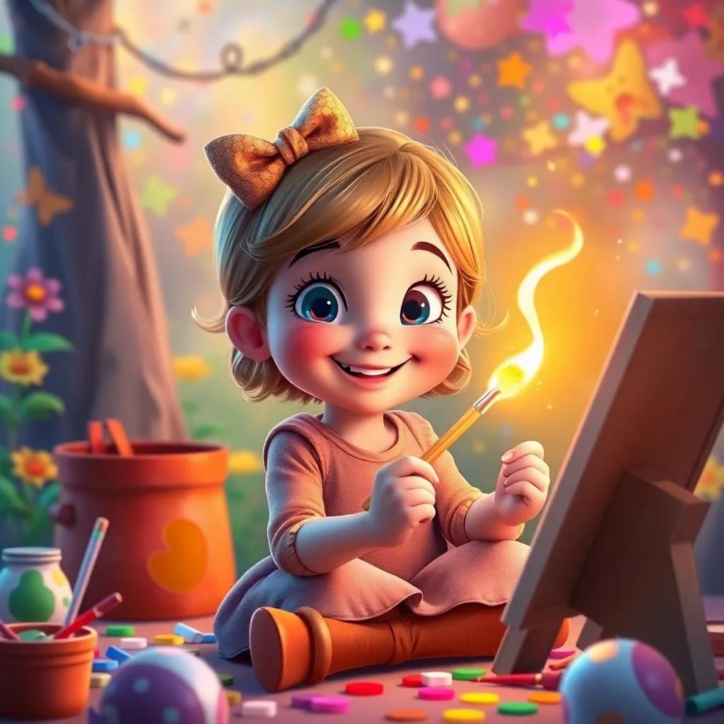 Maggie happily painting with her magical paintbrush, surrounded by a world filled with color, joy, and wonders, capturing the essence of childhood creativity, lively colors, high quality