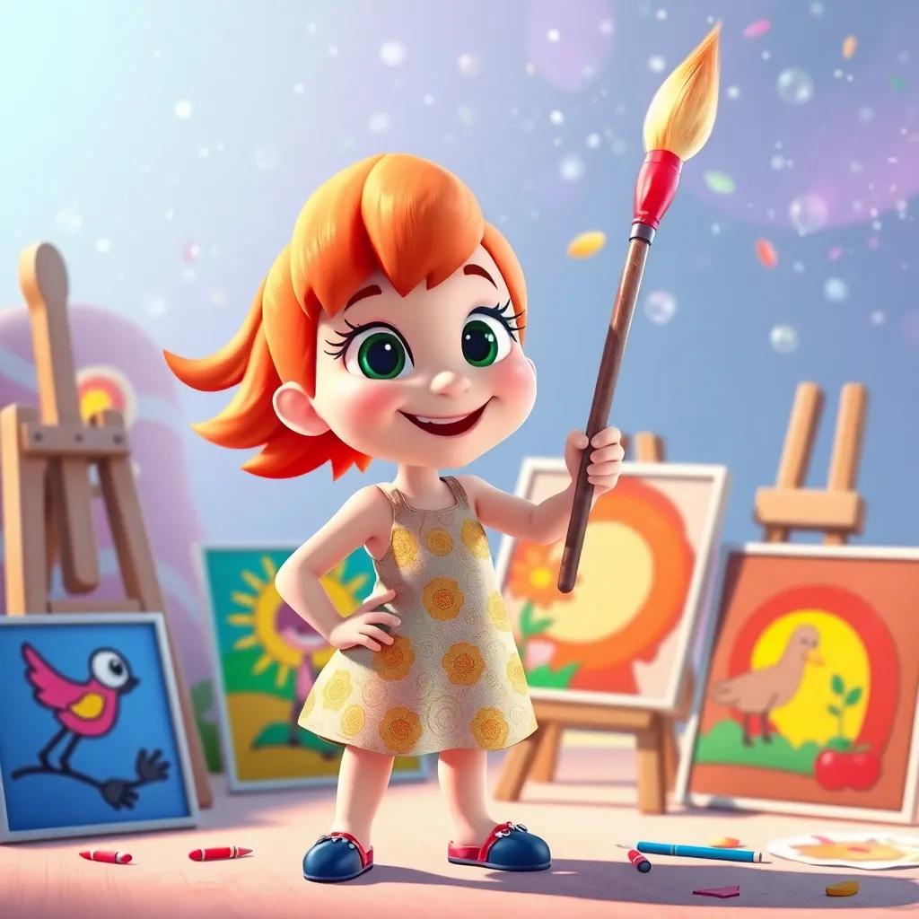 Maggie standing proudly with her paintbrush, surrounded by her delightful masterpieces, illustrating the joy of imagination, bright, cheerful scene, high quality
