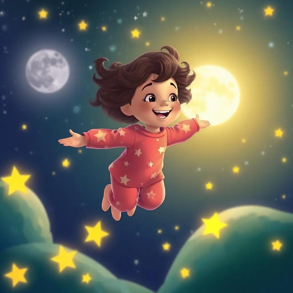 Maggie, a young girl with curly brown hair in starry pajamas, flying joyfully in the air, surrounded by a magical nighttime landscape with glowing stars and a bright moon, whimsical art, bright colors, imaginative, high quality