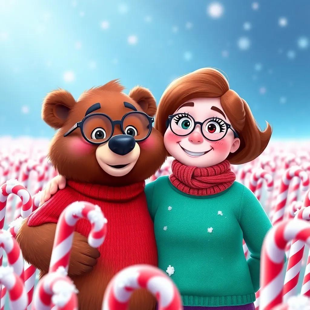 A friendly bear, Benny, with brown fur and wearing glasses and a bright red sweater, standing next to Maggie in a candy cane field that sparkles with sugar grains, cheerful illustration, vibrant colors, sweet atmosphere, high quality