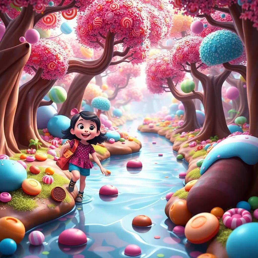 Maggie and Benny, exploring a chocolate river with candy trees in a magical land, lots of colorful sweets and dreamlike scenery, playful art, bright colors, fun and enchanting vibe, high quality
