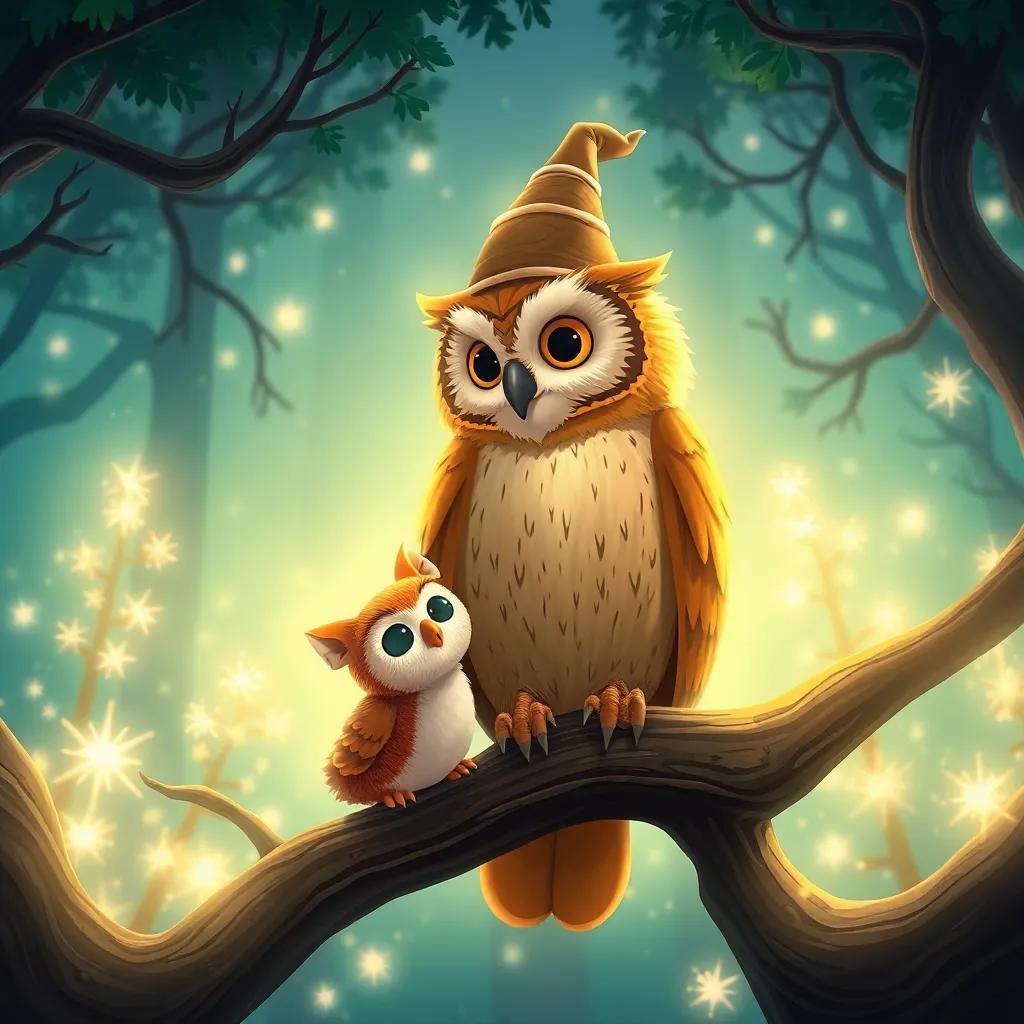A wise old owl with a tiny hat, sitting majestically on a tree branch, looking down at Maggie and Benny, surrounded by sparkling trees in a dream forest, whimsical illustration, soft lighting, magical atmosphere, high quality