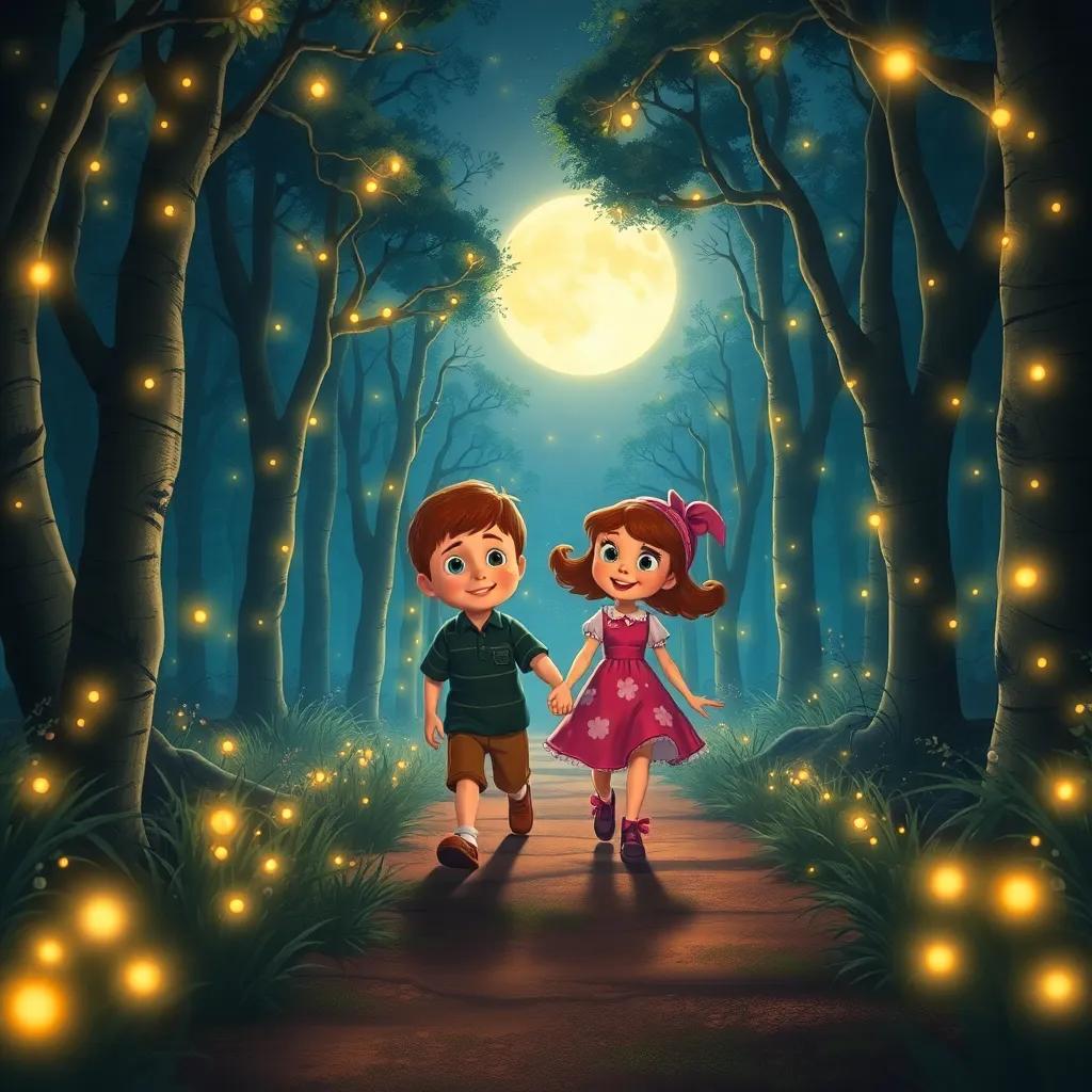 Benny leading Maggie down a moonlit path in a forest of dreams, illuminated by fireflies, trees glowing softly, enchanting scenery, magical art, warm colors, joyous mood, high quality