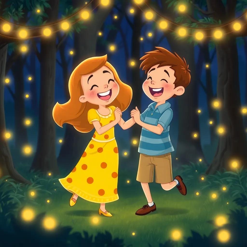 Maggie and Benny dancing with fireflies in a magical woods, their laughter echoing through the night, joy and fun radiating from their expressions, dreamy illustration, bright colors, festive atmosphere, high quality