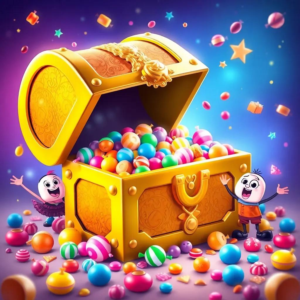 A treasure chest made of gold filled with colorful candies and glimmering sweets, surrounded by Maggie and Benny, who are excited and surprised, cheerful art, stunning colors, magical vibe, high quality