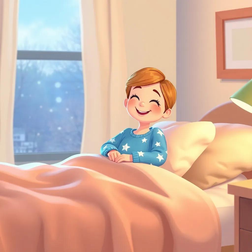 Maggie waking up in her cozy bed, smiling, with her starry pajamas glimmering in the morning light, her room filled with warmth and joy, bright illustration, soft colors, heartwarming scene, high quality