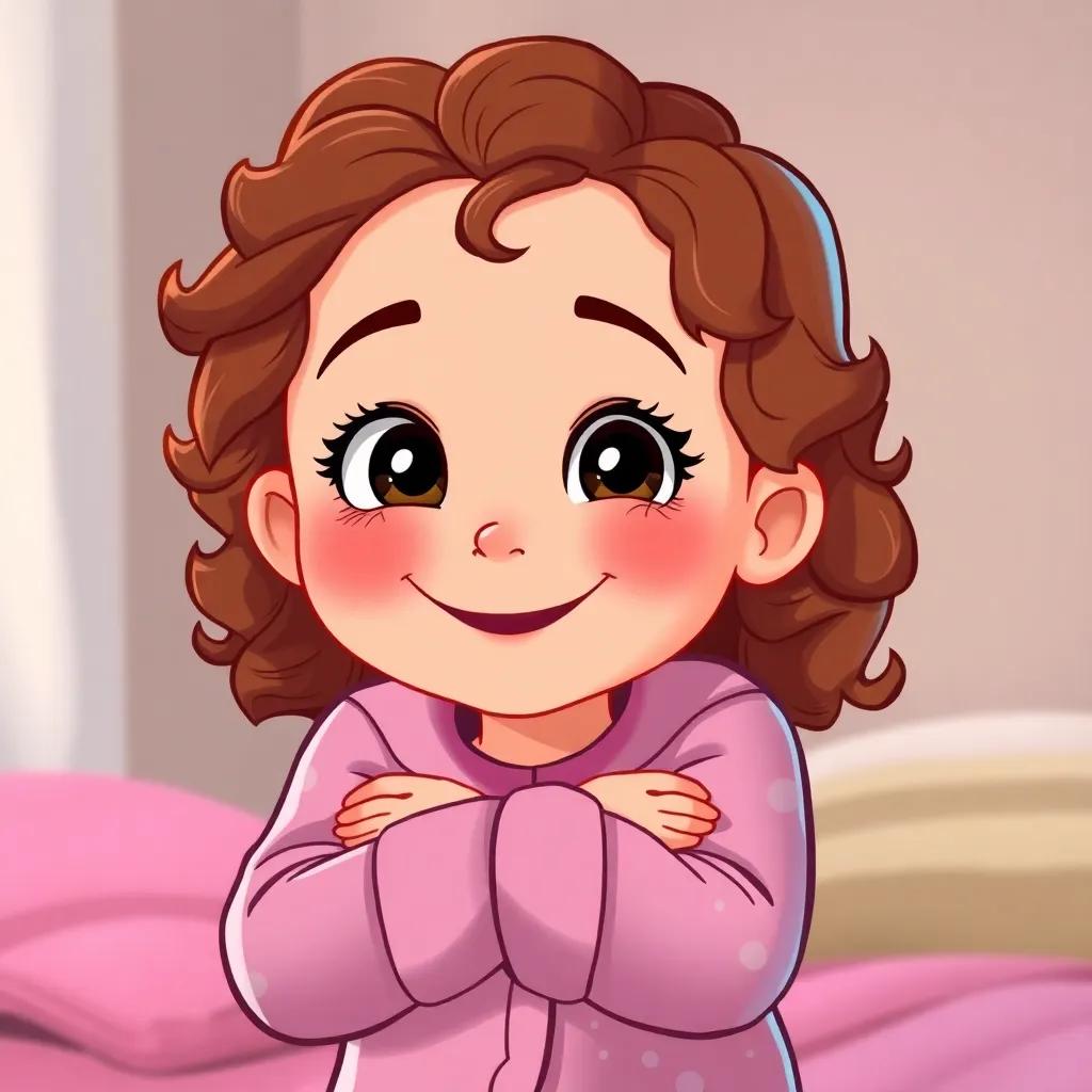 Maggie, a young girl with curly brown hair in pajama, smiling brightly as she hugs her pajamas, ready for more nighttime adventures, inviting illustration, soft colors, cheerful tone, high quality