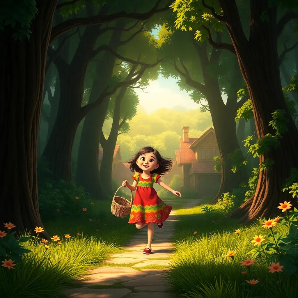 A sunny village surrounded by deep, dark woods, with a cheerful girl, Makarm, wearing a colorful dress and a basket in her hand, skipping down a path, warm light, vibrant colors, inviting atmosphere, high quality.