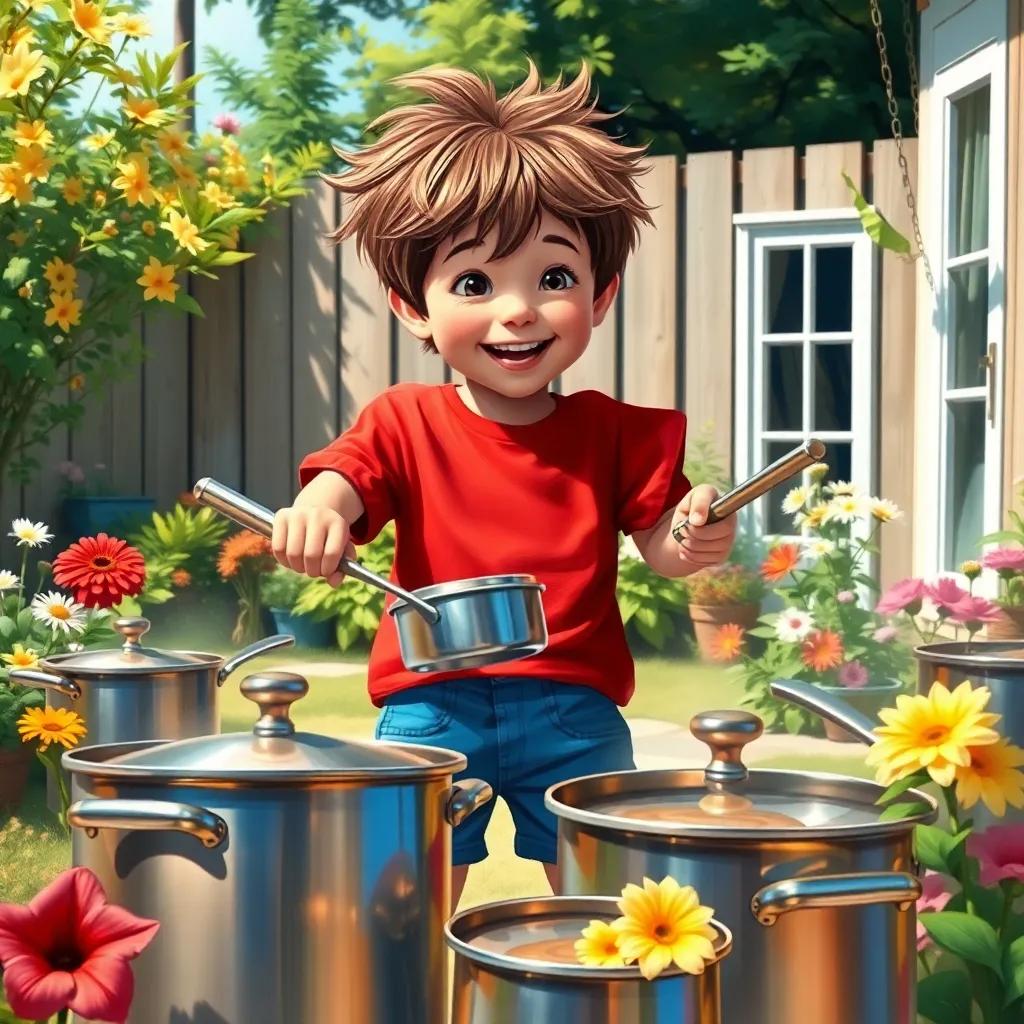 A curious boy, Malcolm, with messy brown hair wearing a bright red t-shirt and blue shorts, enthusiastically banging on pots and pans in a sunny backyard with flowers blooming around, digital art, cheerful colors, lively atmosphere, high quality
