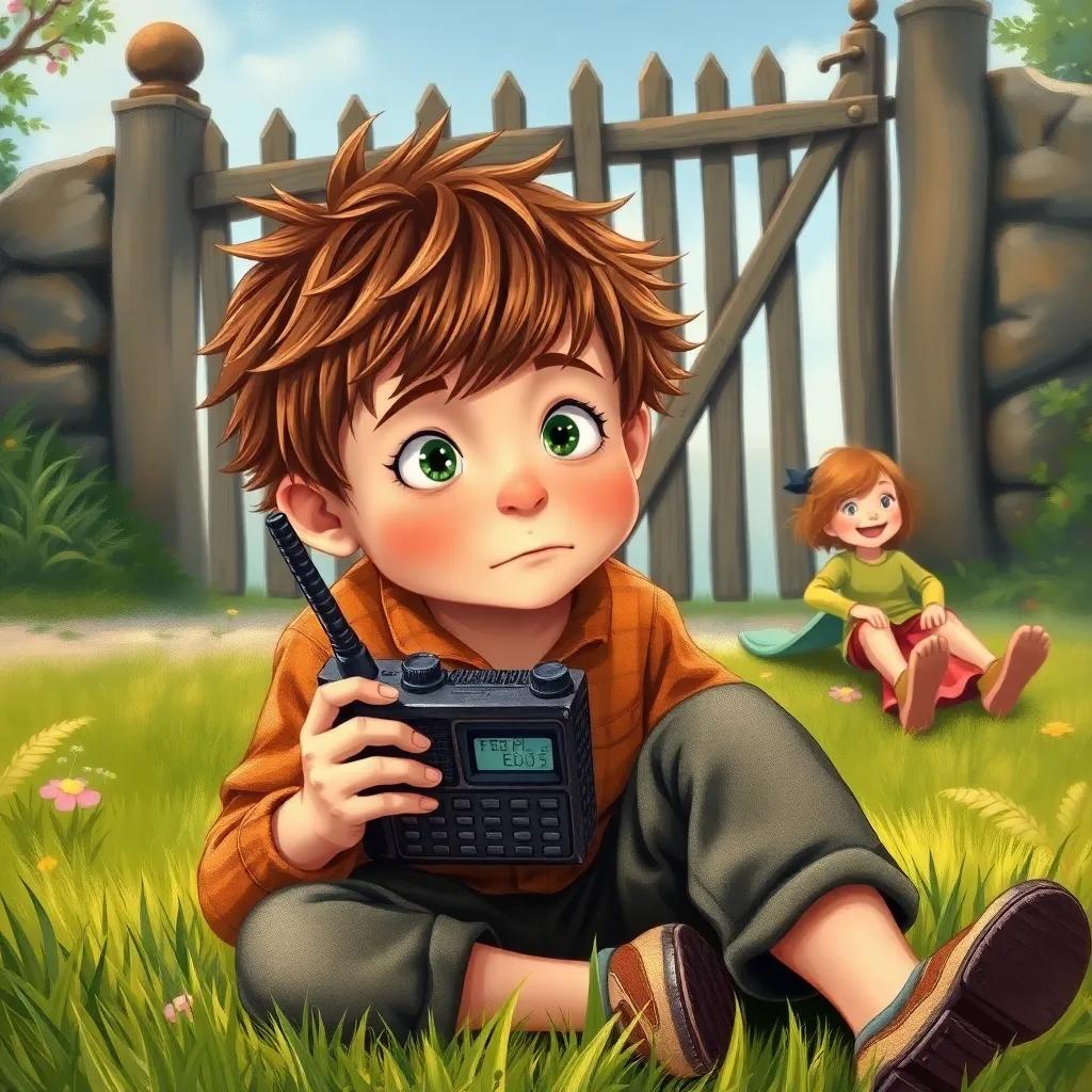 Malcolm, a curious boy with messy brown hair, recording sounds on an old walkie-talkie while sitting on the grass, with a creaky gate in the background and his sister Edie joyfully sliding down nearby, vivid illustration, warm light, playful mood, high quality