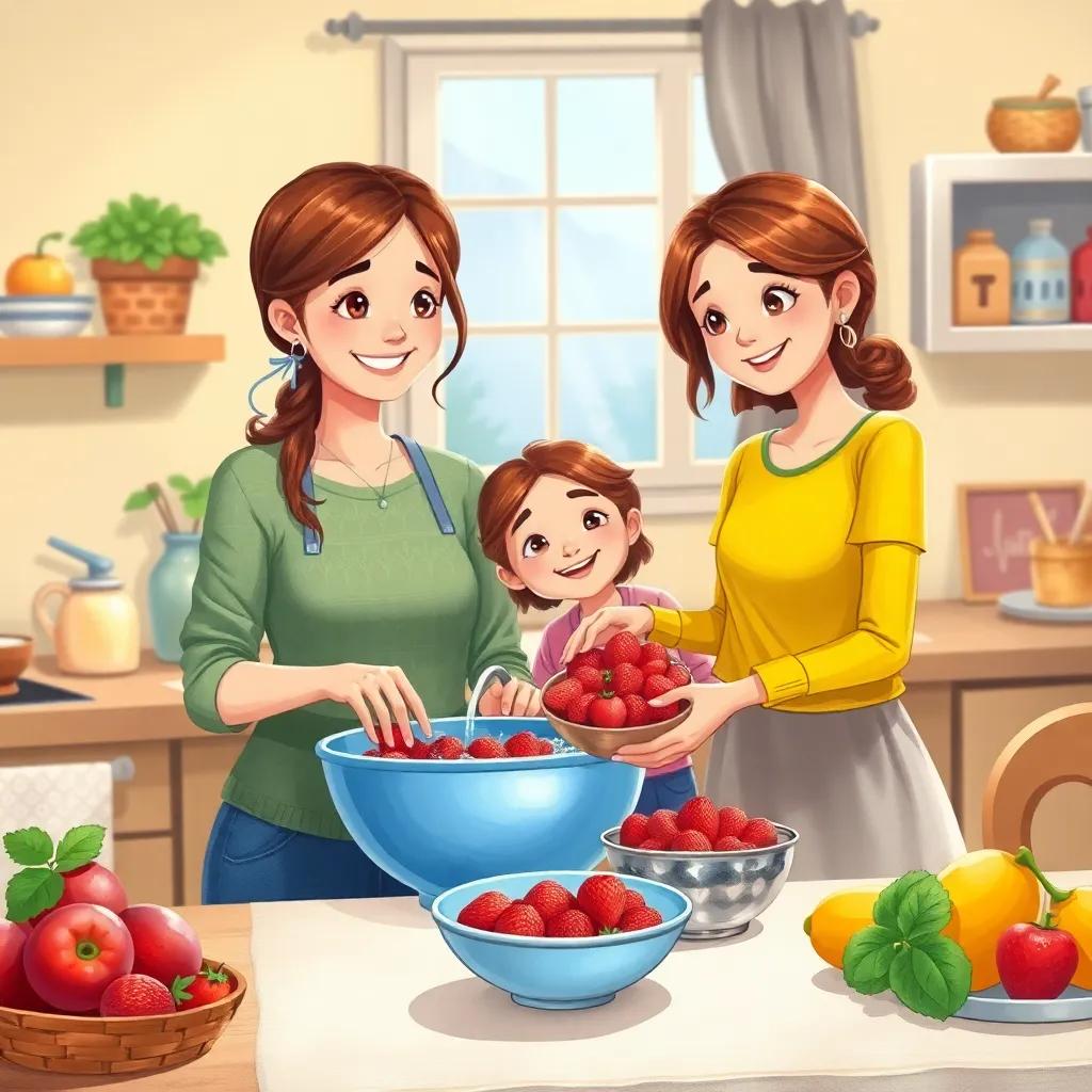 A mother washing strawberries in the kitchen, with Ana setting up a large bowl on the table, both smiling, cozy home interior, warm light, inviting atmosphere, high detail