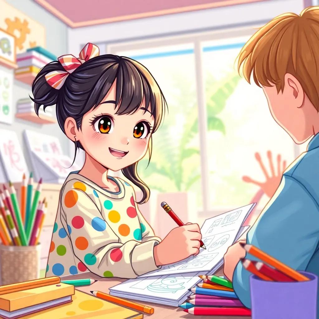 A young girl, Mia, with bright eyes and colorful clothes, drawing Manga with her best friend in a bright room filled with colorful sketches and art supplies, cheerful, playful atmosphere, digital art, vibrant colors, engaging perspective, high quality