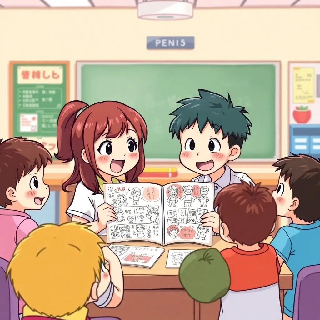 Mia and Ken excitedly showing their finished Manga to friends in a school setting, children gathered around looking amazed and happy, vibrant classroom, bright colors, joyful expressions, illustration, inviting atmosphere, fun and creative scene, high quality