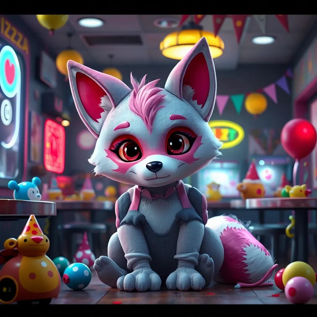 A cute damaged animatronic fox, Mangle, with white and pink fur, sitting sadly in a dimly lit pizzeria, with worn-out toys and colorful party decorations around, digital art, whimsical, soft lighting, cheerful colors, inviting, heartwarming, high quality