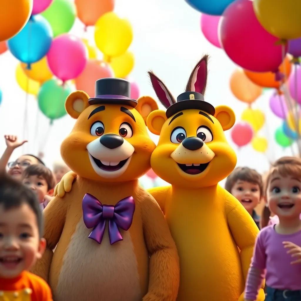 A friendly yellow bear, Fredbear, wearing a black top hat and purple bow-tie, standing next to Mangle, the animatronic fox, both smiling and surrounded by colorful balloons and excited children, joyful atmosphere, bright and vibrant colors, fun perspective, high quality