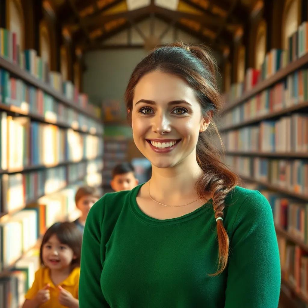 A friendly librarian, Mariam, with brown hair tied back, wearing a green sweater, standing in a large library filled with colorful books, smiling at excited children, warm light, inviting atmosphere, high quality