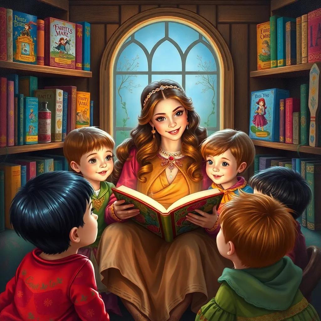 Mariam reading a fairy tale to a group of children with wide eyes, surrounded by colorful fairy tale books on the shelves, joyful expressions, cozy corner, vibrant details, high quality